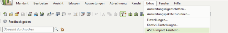 DATEV Lohn und Gehalt: Menü Extras mit dem Eintrag ASCII-Import Assistent