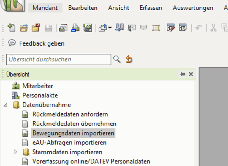 DATEV Lohn und Gehalt: Übersicht mit Datenübernahme und dem Eintrag Bewegungsdaten importieren